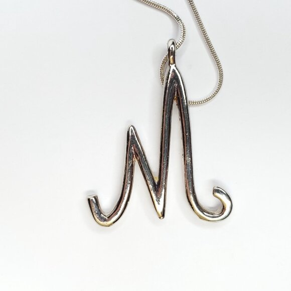 Initial M Pendant Necklace Clear Rhinestone Script Letter Silvertone - Picture 3 of 3